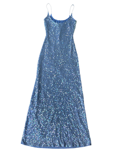 70s Camille Morgan Blue Sequin Maxi Dress (S)
