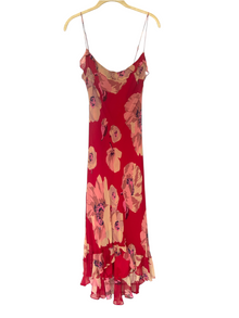 Y2k Betsey Johnson Silk Red Floral Print Ruffle Maxi Dress (S)