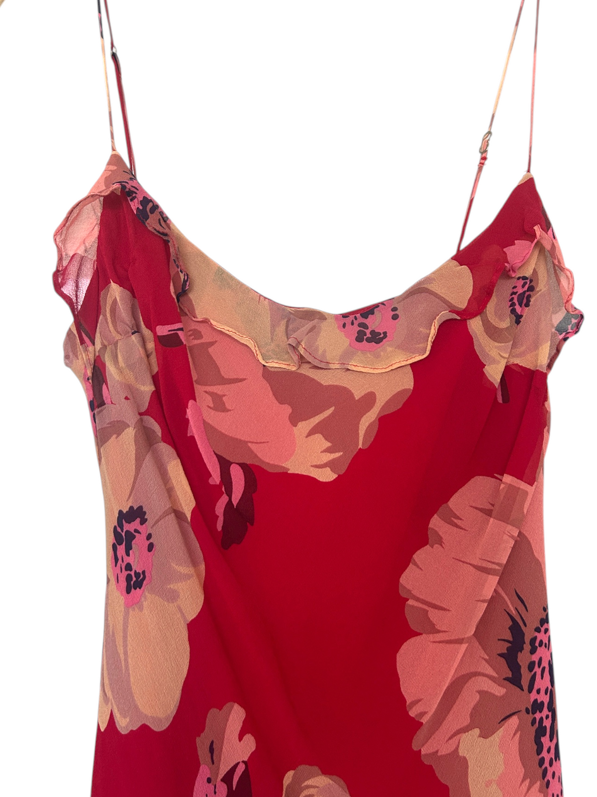 Y2k Betsey Johnson Silk Red Floral Print Ruffle Maxi Dress (S)