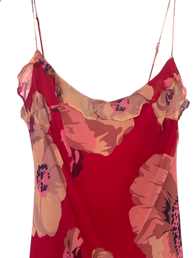 Y2k Betsey Johnson Silk Red Floral Print Ruffle Maxi Dress (S)