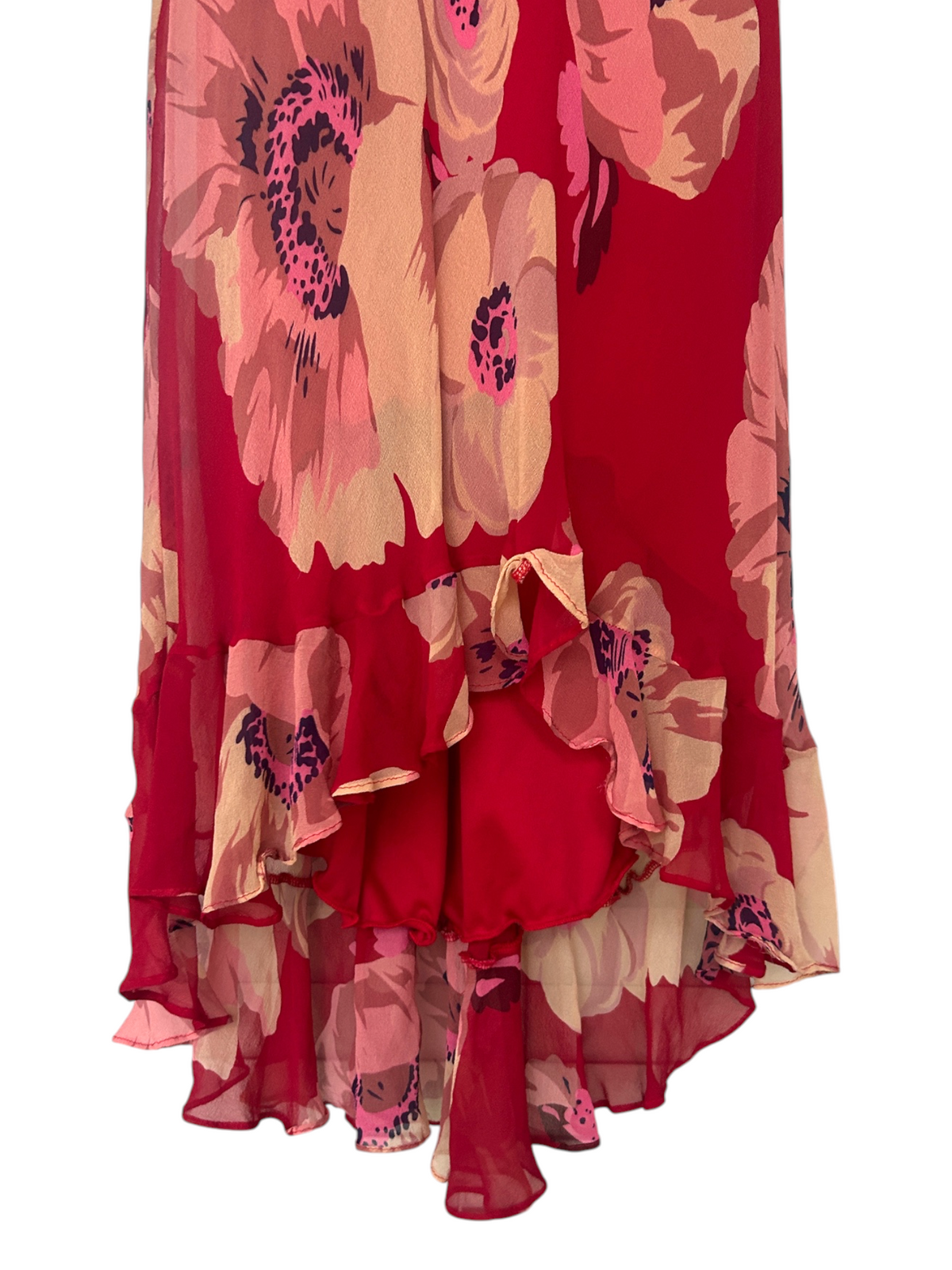 Y2k Betsey Johnson Silk Red Floral Print Ruffle Maxi Dress (S)