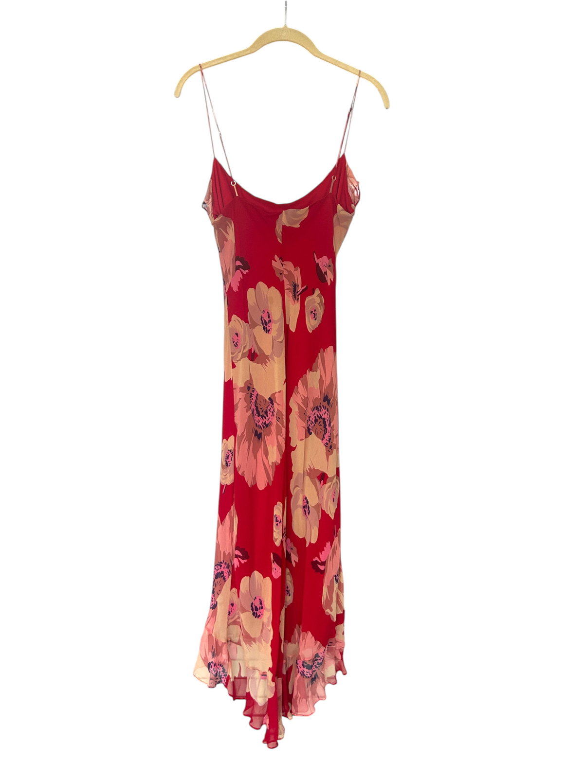 Y2k Betsey Johnson Silk Red Floral Print Ruffle Maxi Dress (S)