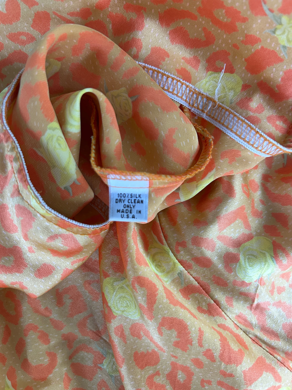 90s Anthropologie Yellow Leopard & Rose Print Silk Midi Skirt (M)