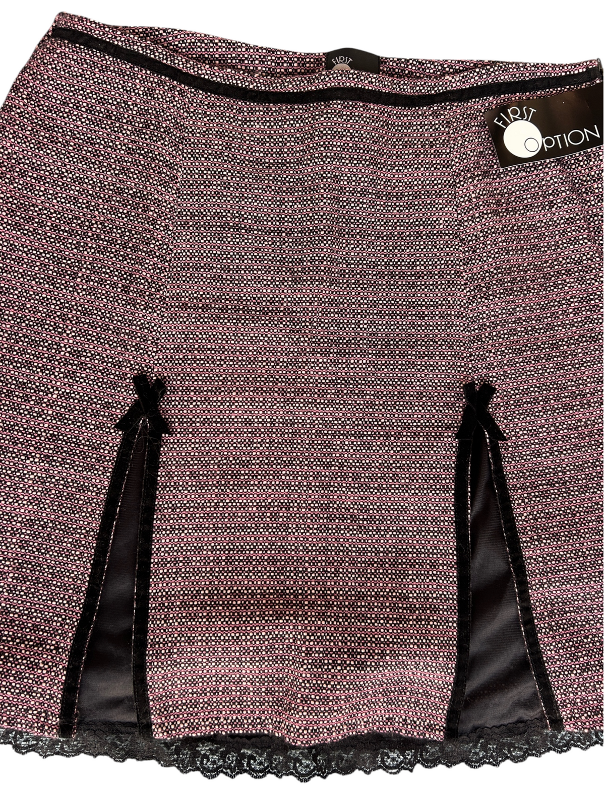90s First Option Pink Tweed Mini Skirt with Velvet Bows & Lace Hem -- New with Tags (XL)
