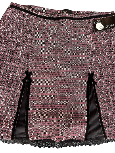 90s First Option Pink Tweed Mini Skirt with Velvet Bows & Lace Hem -- New with Tags (XL)