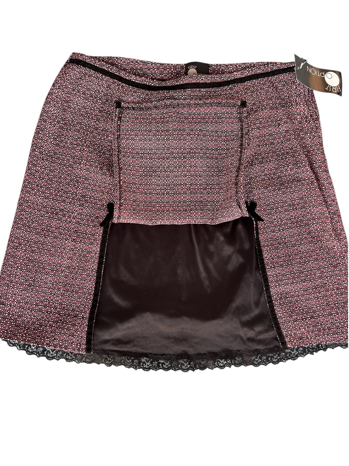 90s First Option Pink Tweed Mini Skirt with Velvet Bows & Lace Hem -- New with Tags (XL)