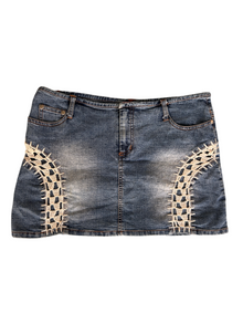 Y2k Denim Mini Skirt with Crochet Lace Trim (S)