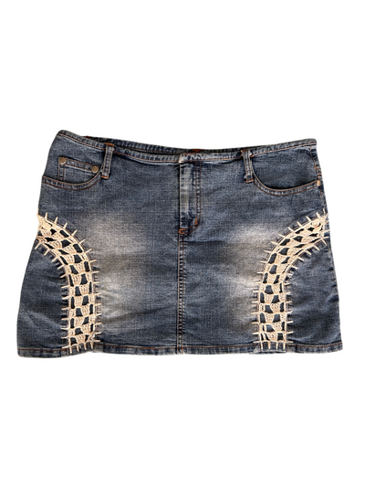 Y2k Denim Mini Skirt with Crochet Lace Trim (S)