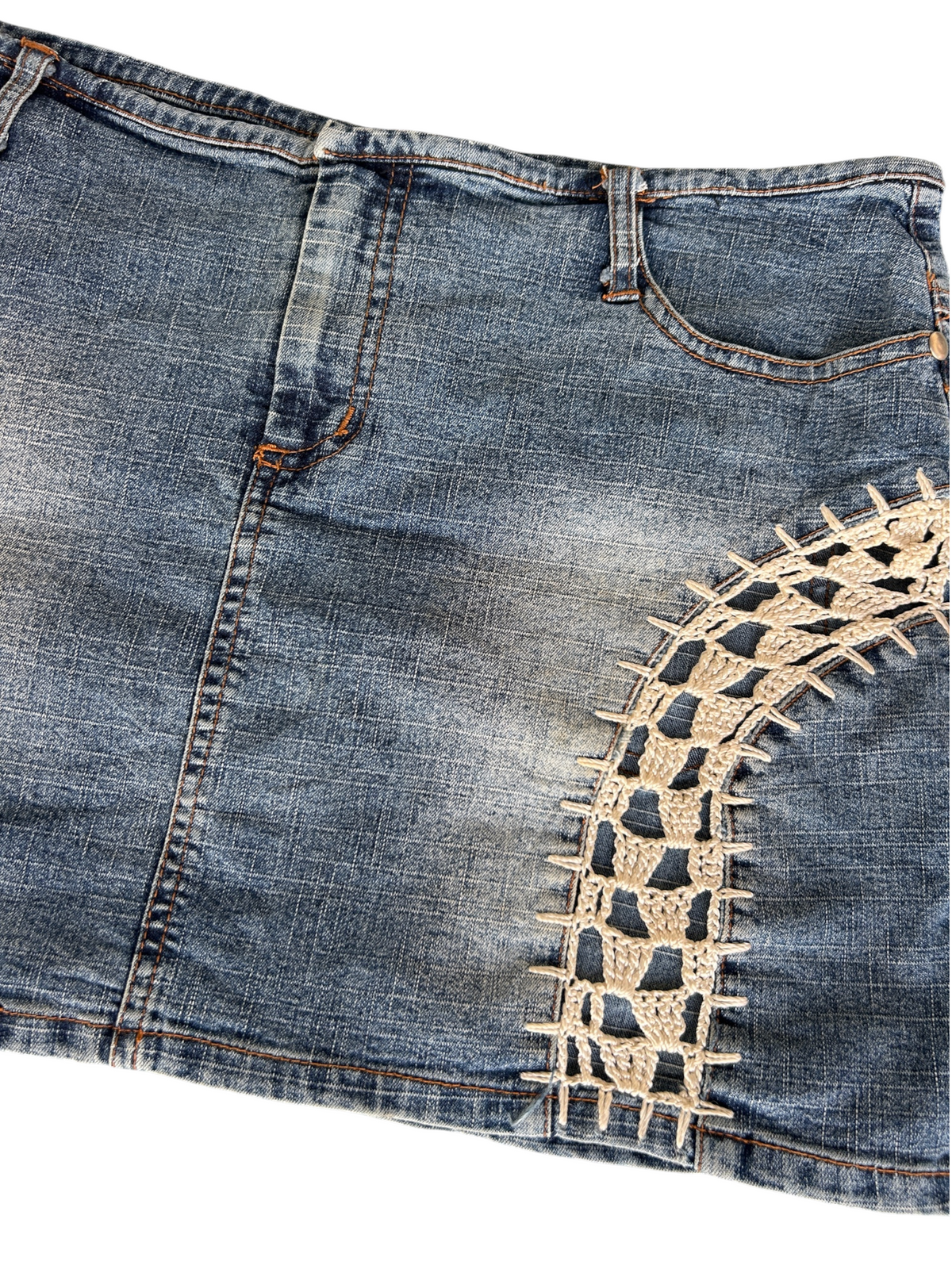 Y2k Denim Mini Skirt with Crochet Lace Trim (S)