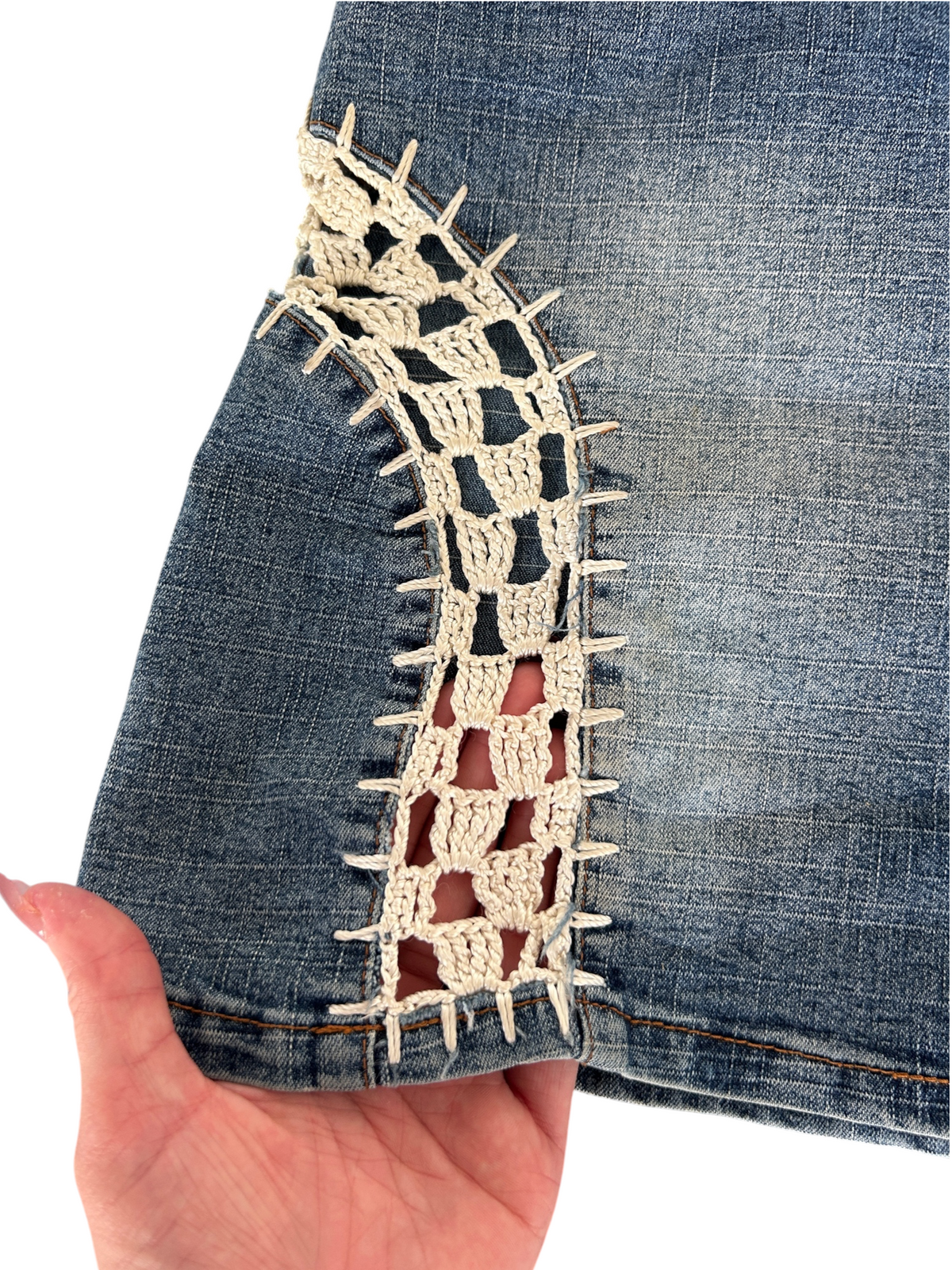 Y2k Denim Mini Skirt with Crochet Lace Trim (S)