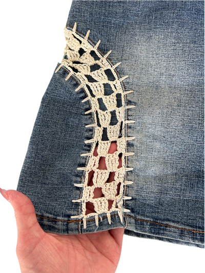 Y2k Denim Mini Skirt with Crochet Lace Trim (S)