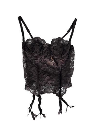 90s Gold Label Victoria's Secret Black Lace Bustier with Garter Straps (S)