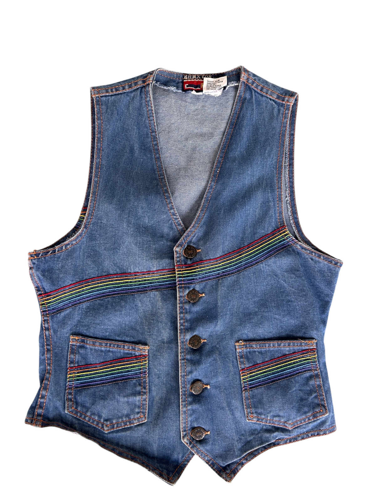 70s Denim Snap-Button Vest with Rainbow Stripe Trim (S)