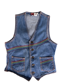 70s Denim Snap-Button Vest with Rainbow Stripe Trim (S)