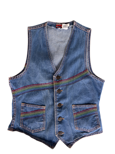 70s Denim Snap-Button Vest with Rainbow Stripe Trim (S)