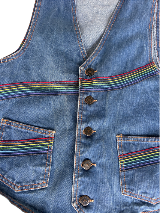 70s Denim Snap-Button Vest with Rainbow Stripe Trim (S)