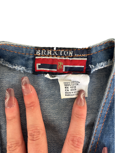 70s Denim Snap-Button Vest with Rainbow Stripe Trim (S)