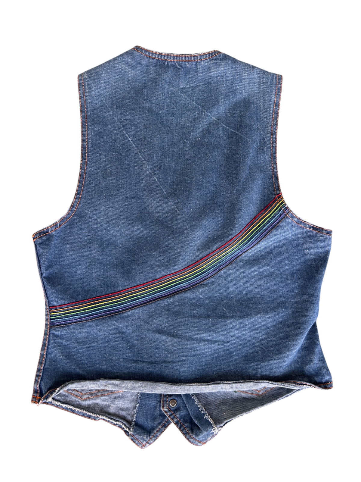 70s Denim Snap-Button Vest with Rainbow Stripe Trim (S)