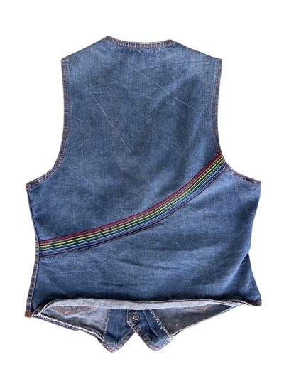 70s Denim Snap-Button Vest with Rainbow Stripe Trim (S)