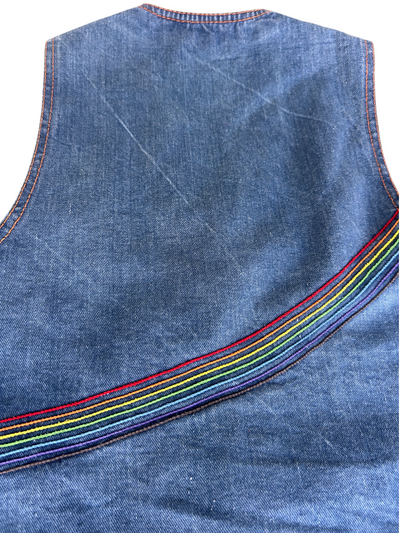 70s Denim Snap-Button Vest with Rainbow Stripe Trim (S)
