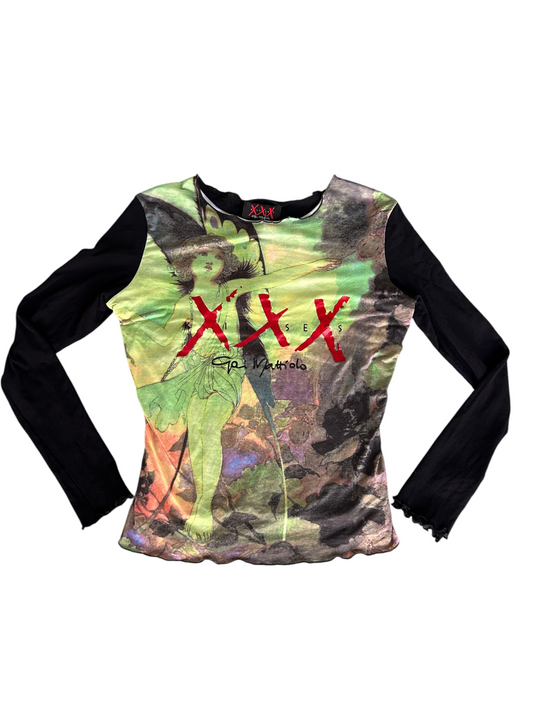 Y2k Gai Mattiolo "XXX Kisses" Graphic Mesh Long-Sleeve Fairy Top (L)