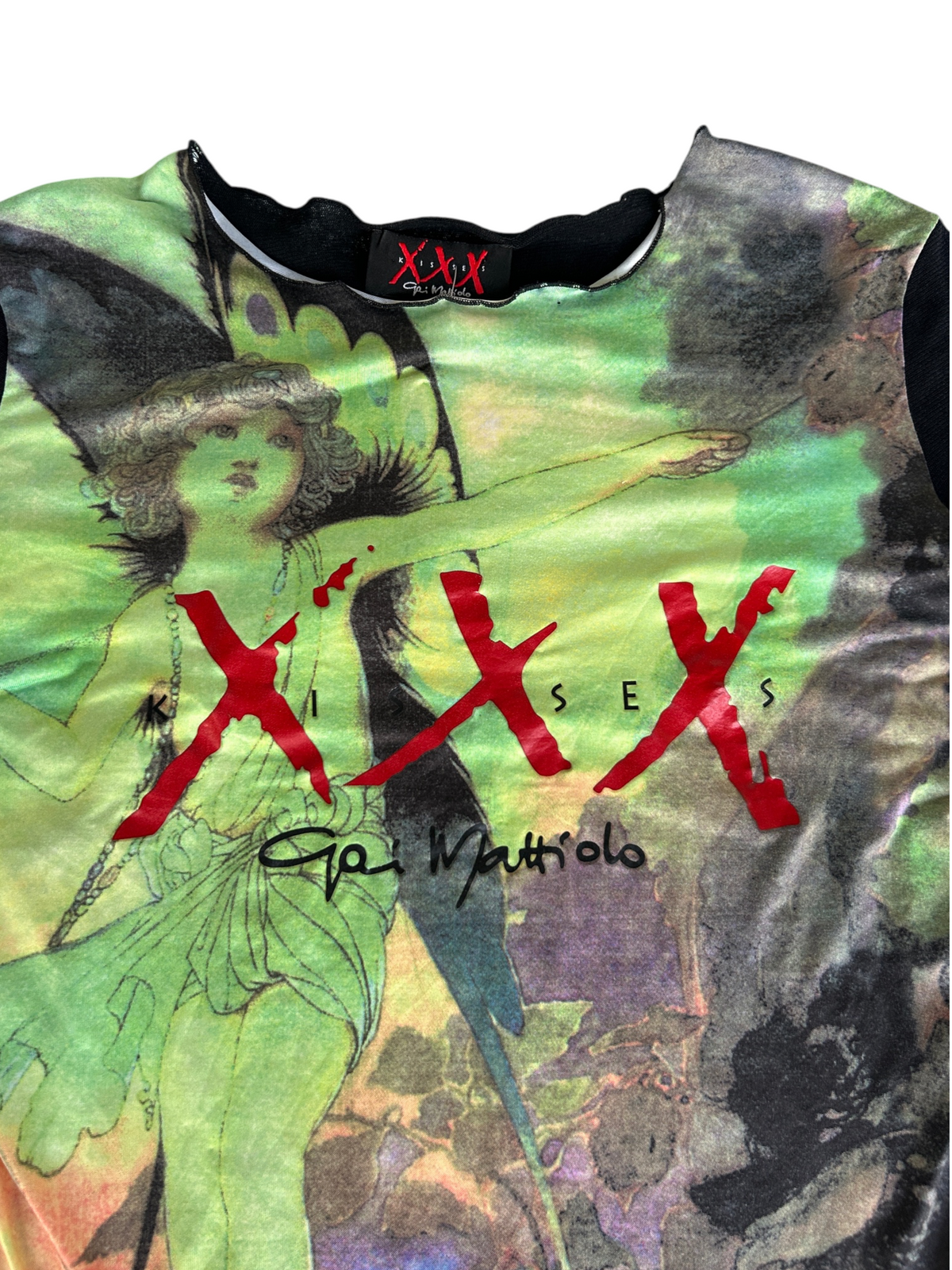 Y2k Gai Mattiolo "XXX Kisses" Graphic Mesh Long-Sleeve Fairy Top (L)
