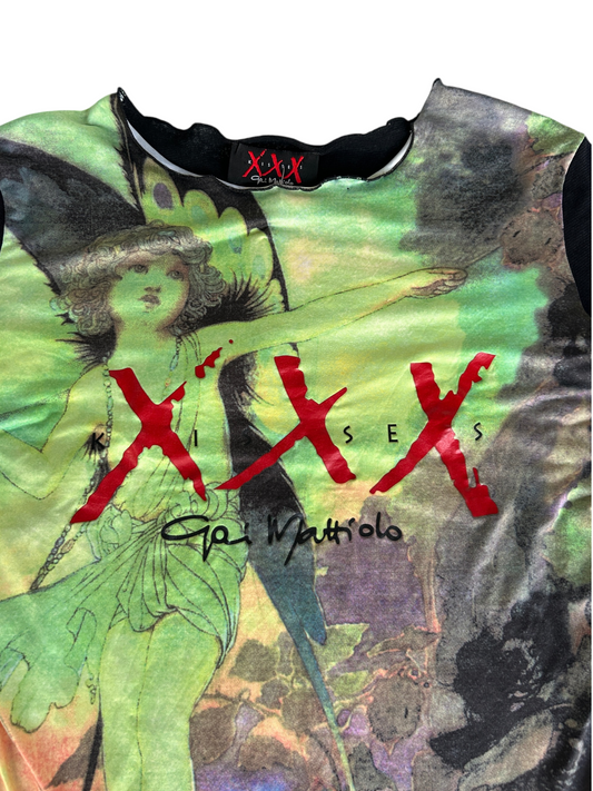 Y2k Gai Mattiolo "XXX Kisses" Graphic Mesh Long-Sleeve Fairy Top (L)