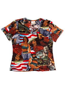 90s Americana Pinup Girl & Flag Graphic Mesh V-Neck Tee (L)