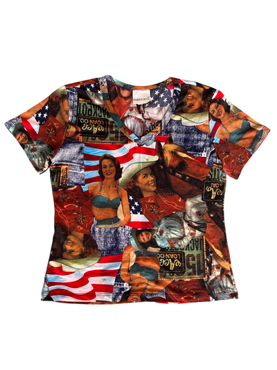 90s Americana Pinup Girl & Flag Graphic Mesh V-Neck Tee (L)