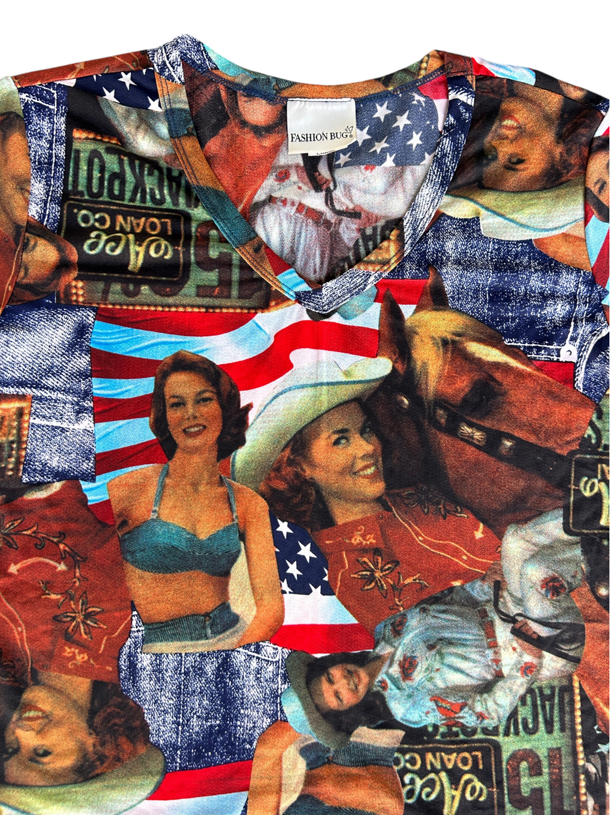 90s Americana Pinup Girl & Flag Graphic Mesh V-Neck Tee (L)