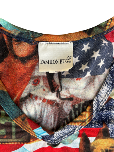 90s Americana Pinup Girl & Flag Graphic Mesh V-Neck Tee (L)