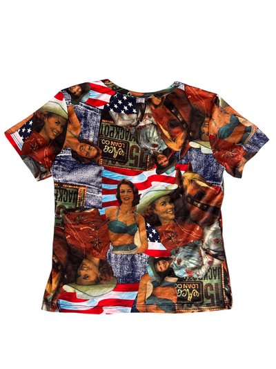 90s Americana Pinup Girl & Flag Graphic Mesh V-Neck Tee (L)