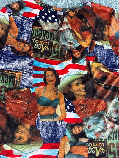 90s Americana Pinup Girl & Flag Graphic Mesh V-Neck Tee (L)