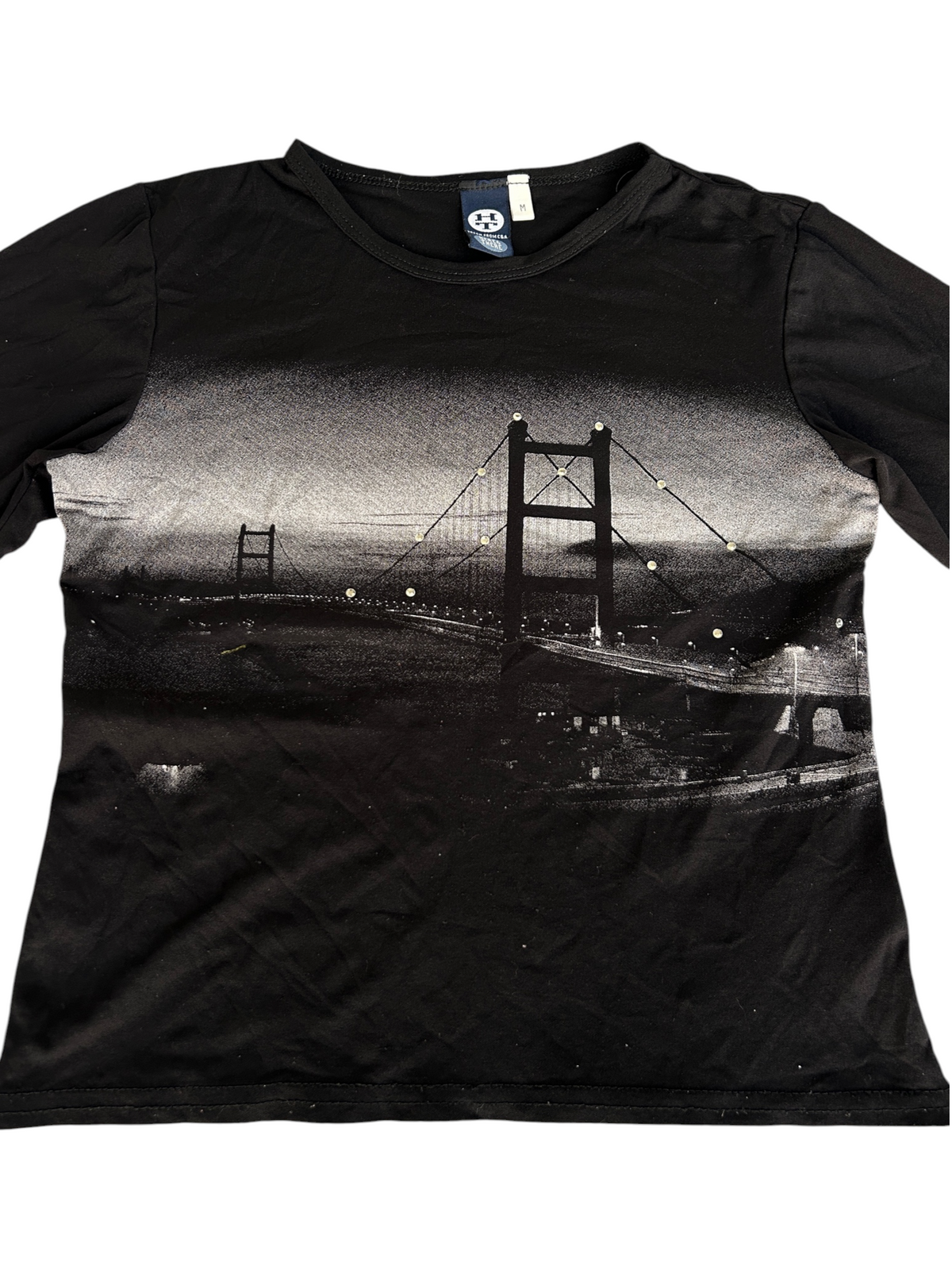 Y2k Black Mesh Long Sleeve Top with Golden Gate Bridge/Suspension Bridge Print (M)