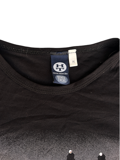 Y2k Black Mesh Long Sleeve Top with Golden Gate Bridge/Suspension Bridge Print (M)