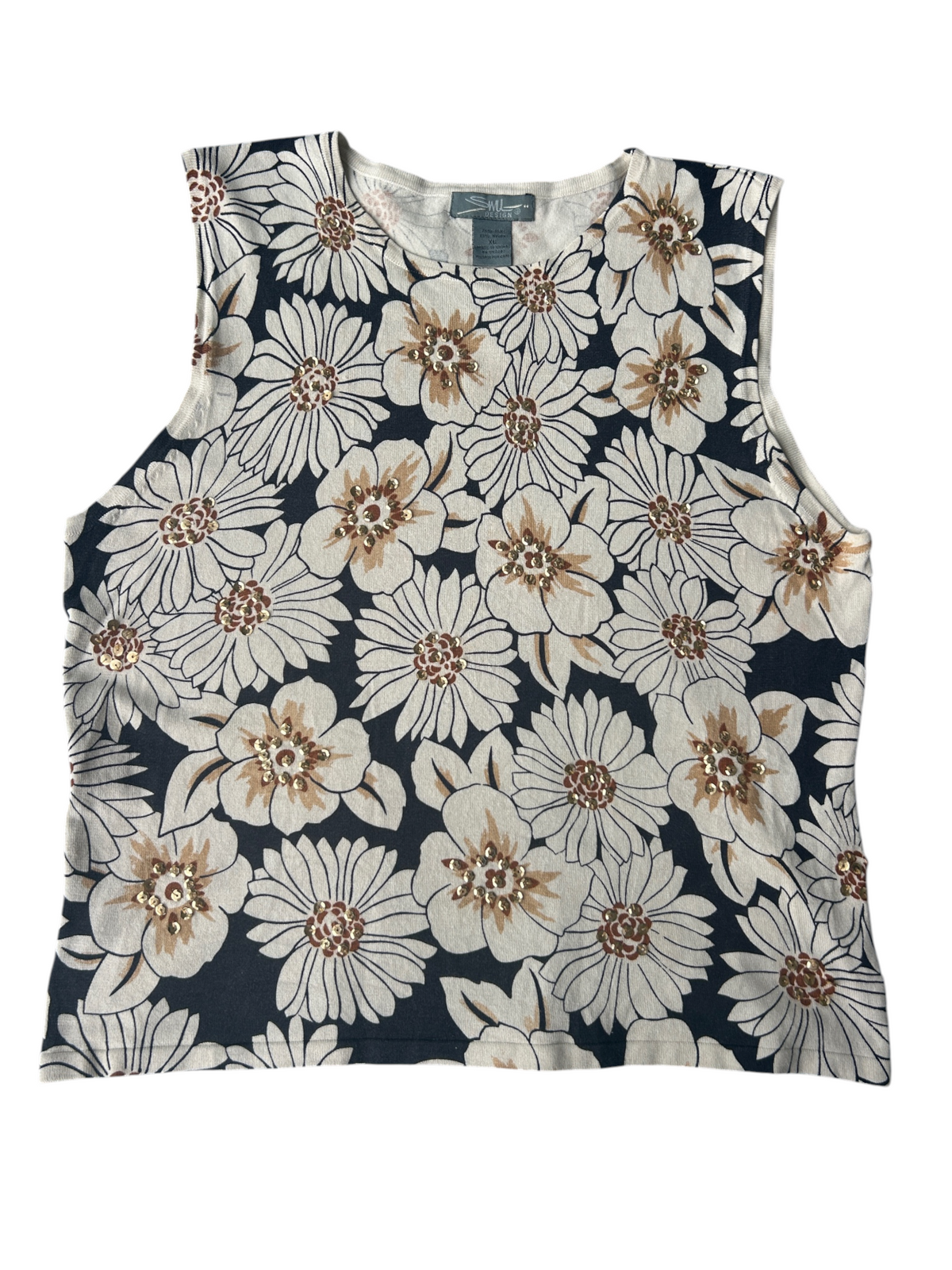 Y2k Cream & Black Silk Floral Sequin Tank Top (XL)