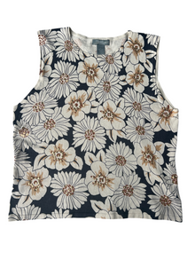 Y2k Cream & Black Silk Floral Sequin Tank Top (XL)