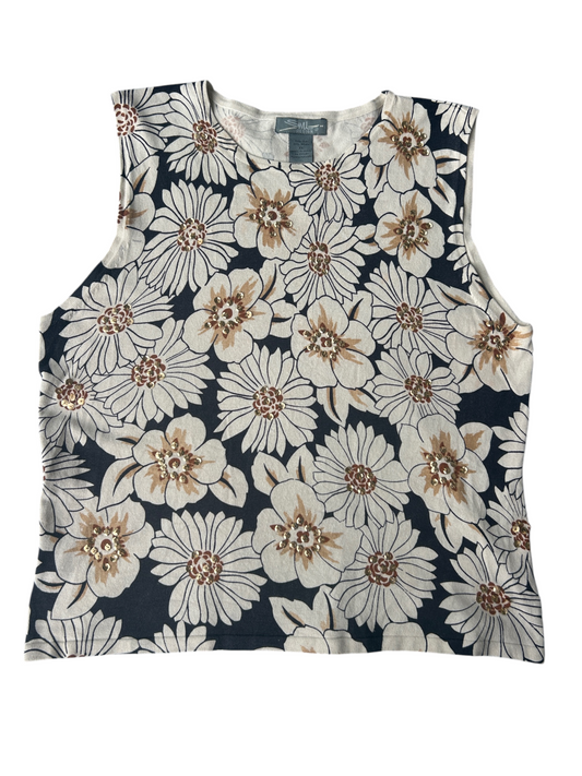 Y2k Cream & Black Silk Floral Sequin Tank Top (XL)