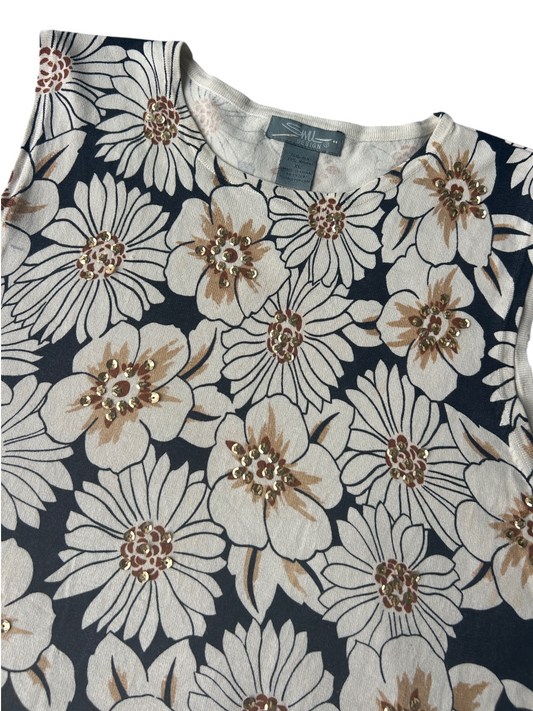 Y2k Cream & Black Silk Floral Sequin Tank Top (XL)