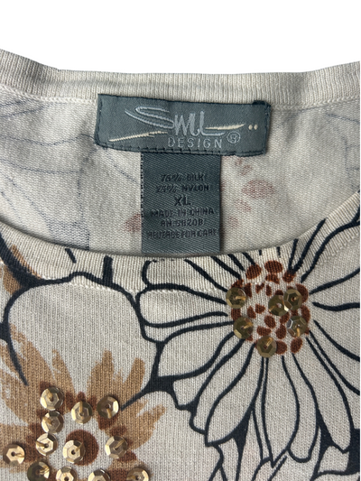 Y2k Cream & Black Silk Floral Sequin Tank Top (XL)