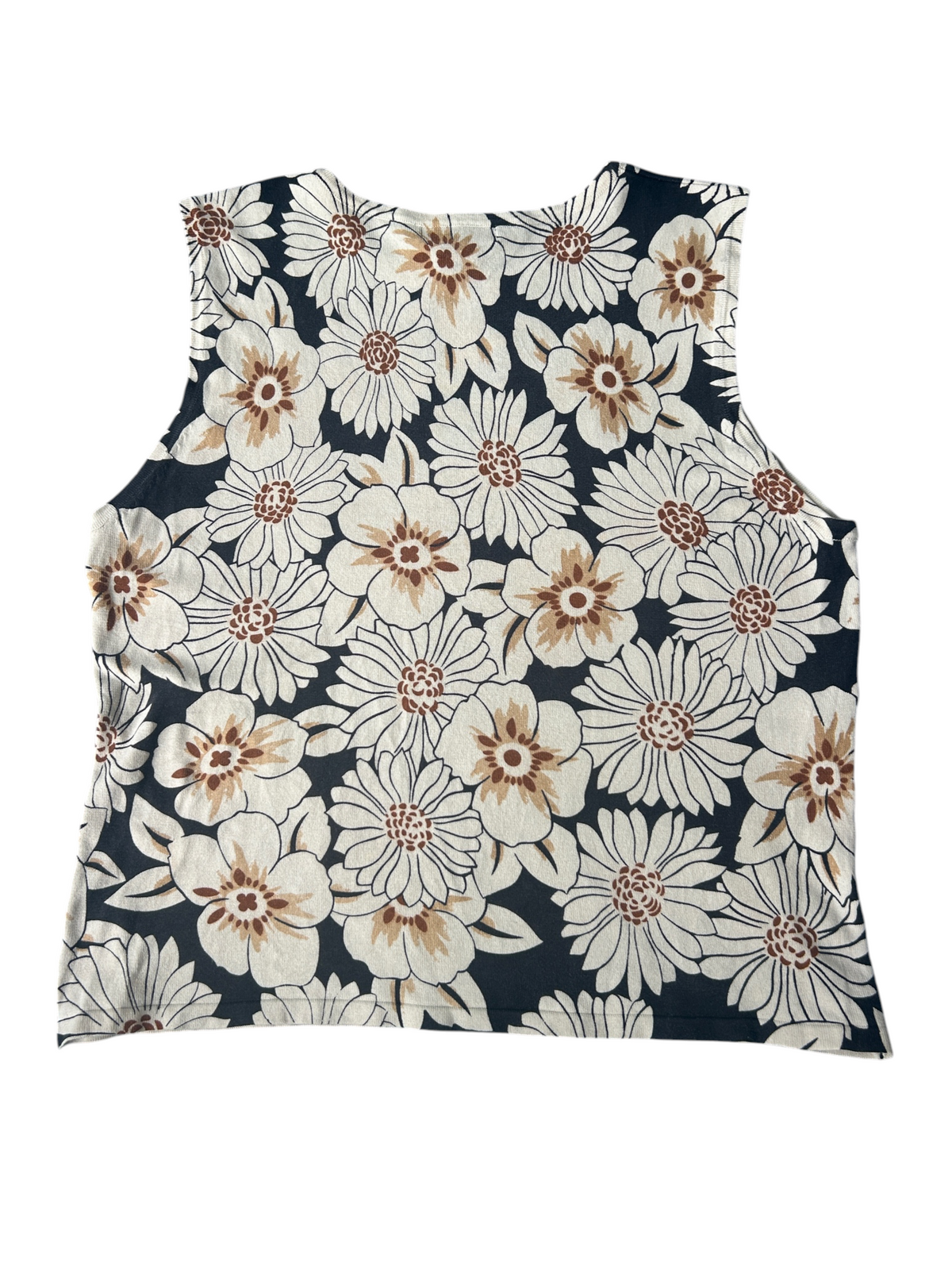 Y2k Cream & Black Silk Floral Sequin Tank Top (XL)