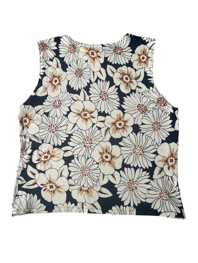 Y2k Cream & Black Silk Floral Sequin Tank Top (XL)