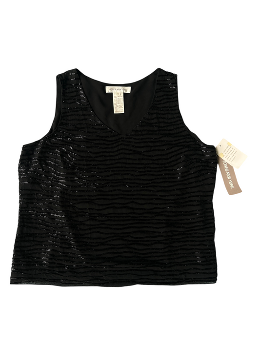 A black sleeveless V-neck top with a textured, wavy horizontal pattern of reflective sequins or glitter, shown flat on a white background with retail tags attached.