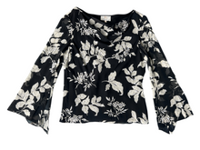 90s Black & White Silk Floral Sequin Beaded Bell-Sleeve Top (XL)