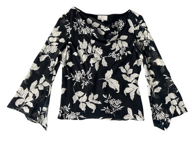 90s Black & White Silk Floral Sequin Beaded Bell-Sleeve Top (XL)