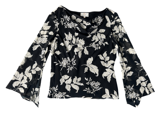90s Black & White Silk Floral Sequin Beaded Bell-Sleeve Top (XL)