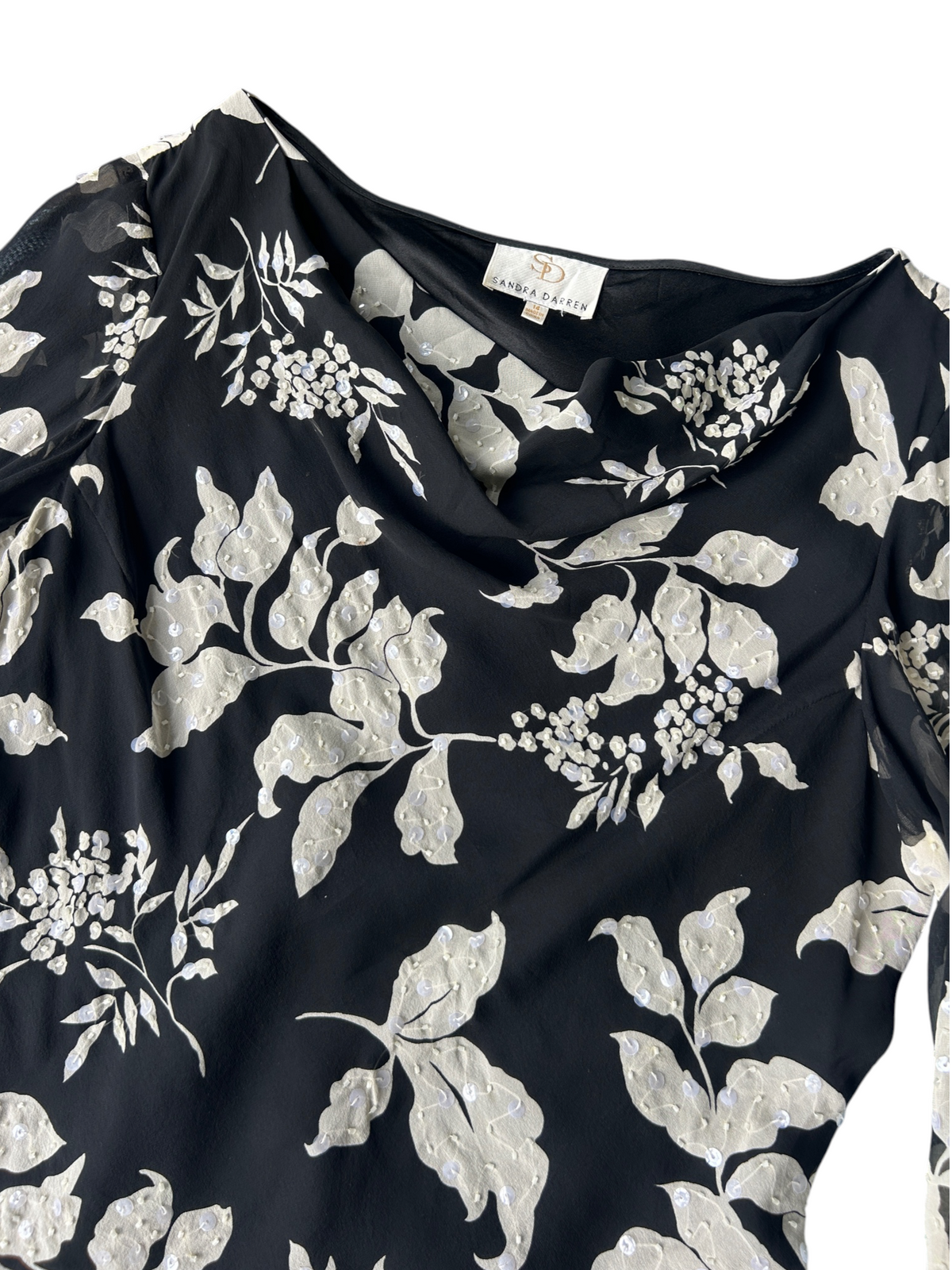 90s Black & White Silk Floral Sequin Beaded Bell-Sleeve Top (XL)