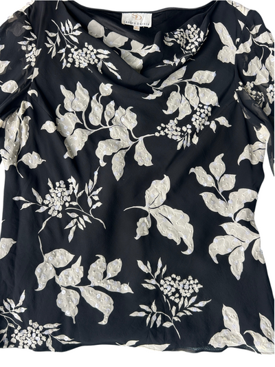 90s Black & White Silk Floral Sequin Beaded Bell-Sleeve Top (XL)