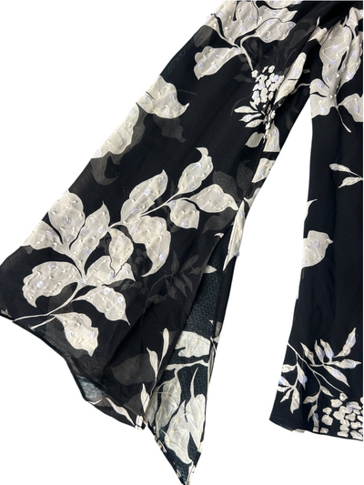 90s Black & White Silk Floral Sequin Beaded Bell-Sleeve Top (XL)