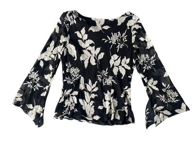 90s Black & White Silk Floral Sequin Beaded Bell-Sleeve Top (XL)